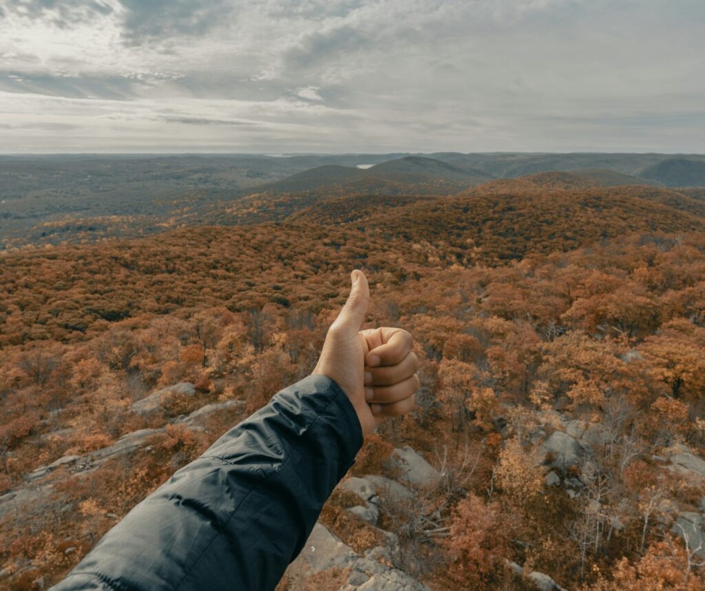 a person giving a thumbs up in front of a hilly landscape view Image